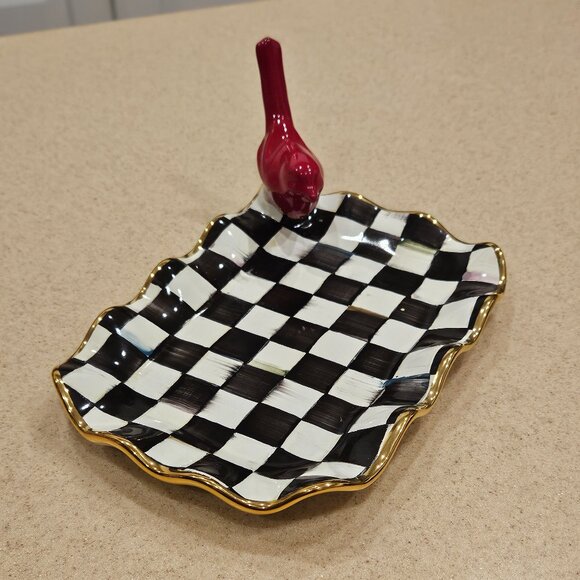 MACKENZIE CHILDS CARDINAL COURTLY CHECK AURORA CERAMIC TRAY RING HOLDER DISH - Picture 3 of 13